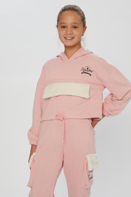 Girl's Hooded Plush Detail Sweatshirt