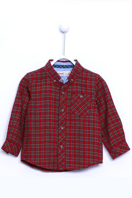 قميص أحمر بمربعات وجيوب وأزرار رضع ولادي