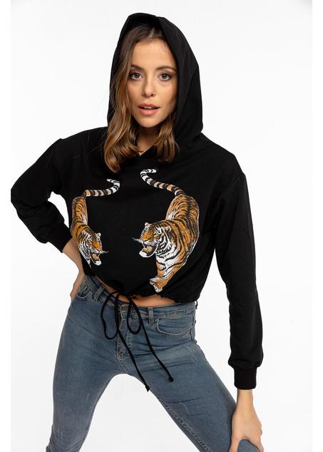سويت شيرت هودي قصير أسود بطبعة نمر نسائي