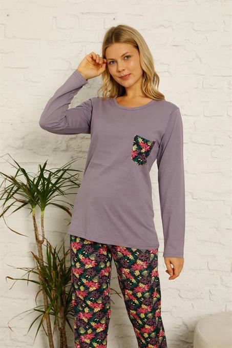 طقم بيجامة قطن بأكمام طويلة نسائي