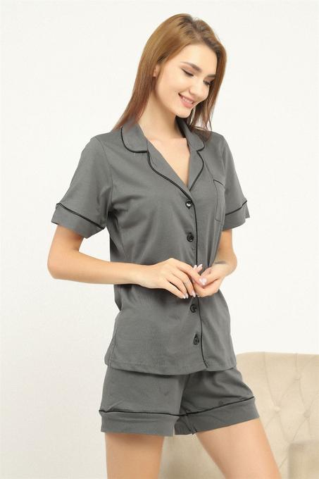 طقم بيجامة رمادي بأزرار نسائي