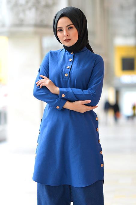 تونيك أزرق بأزرار و رقبة دائرية نسائي