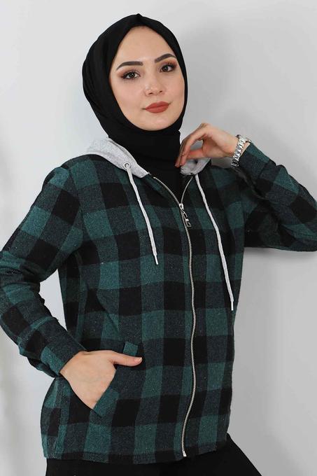 جاكيت قميص أخضر بمربعات نسائي