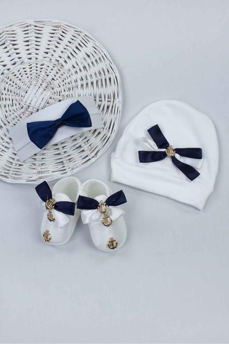 طقم حذاء وفيونكة وبونيه كحلي رضع ولادي