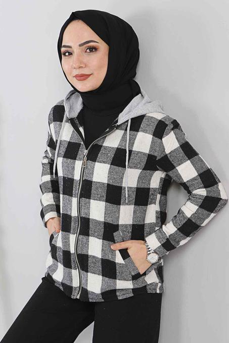 جاكيت قميص أسود بمربعات نسائي