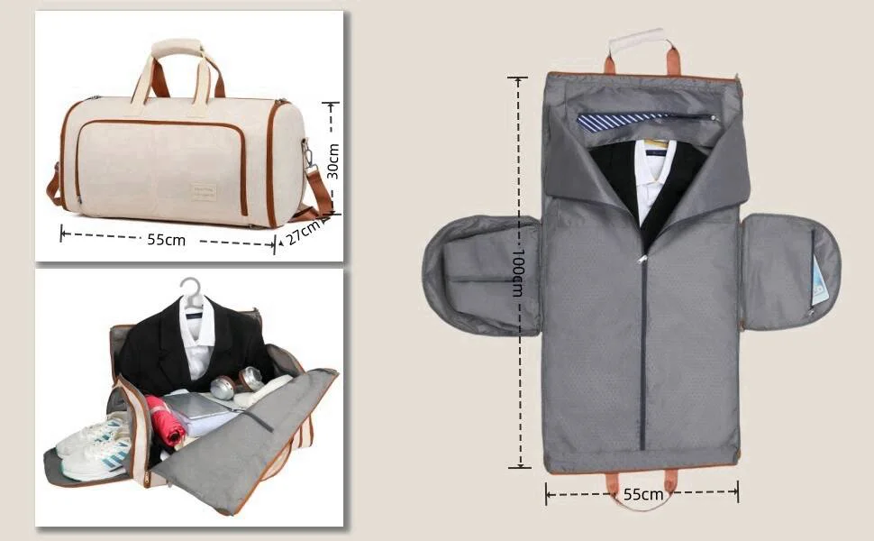 Travel garment bag system featuring beige duffle bag and gray suit carrier with measurements marked. Shows open configuration with suit storage and closed carrying position.