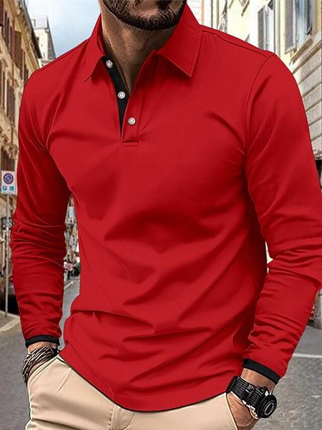 قميص بولو باكمام طويلة للرجال مع تصميم متعدد الالوان وجيب امامي للربيع والخريف، لون احمر