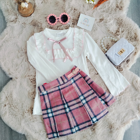 ensemble 2 pièces pour fille - pull et  short chic à carreaux