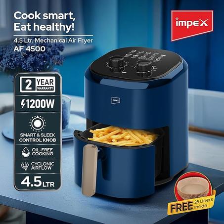 مقلاة هوائية 4.5 لتر تتضمن 25 بطانة من امبيكس، مقبض بارد الملمس، سلة غير لاصقة، حماية من الحرارة الزائدة، مؤقت 60 دقيقة، طهي خال من الزيت، للقلي، الشواء، التحميص، البخار، الخبز، AF 4500