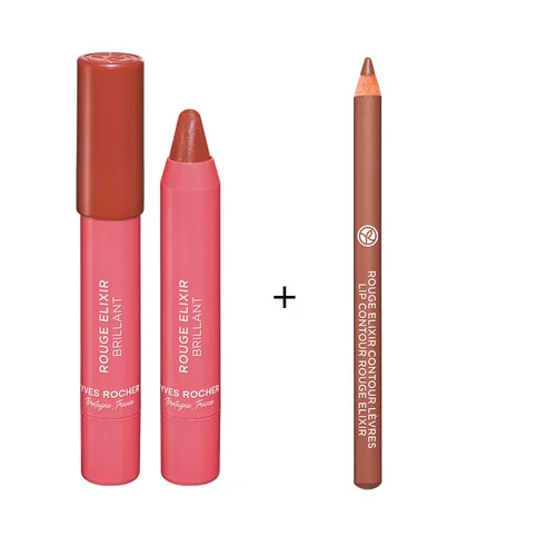 أحمر شفاه ثنائي: روج إليكسير بريليانت 01 بيج رملي وكونتور 02 خشب الورد