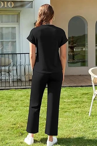 SHEKINI Survêtement pour femme, à manches courtes, col rond, couleur unie, 2 pièces, tenue décontractée, avec poches