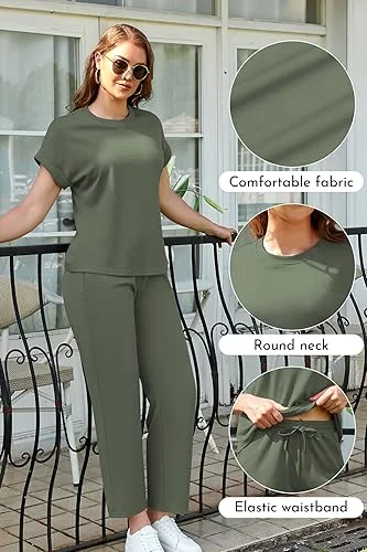 SHEKINI Survêtement pour femme, à manches courtes, col rond, couleur unie, 2 pièces, tenue décontractée, avec poches