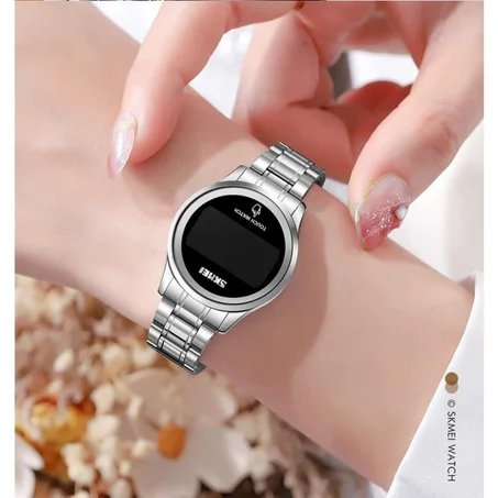 ساعة SKMEI 1737 الرقمية المصنوعة من الفولاذ المقاوم للصدأ  ومزودة بشاشة LED ومؤقت وتاريخ وقرص لمس للنساء / الفتيات