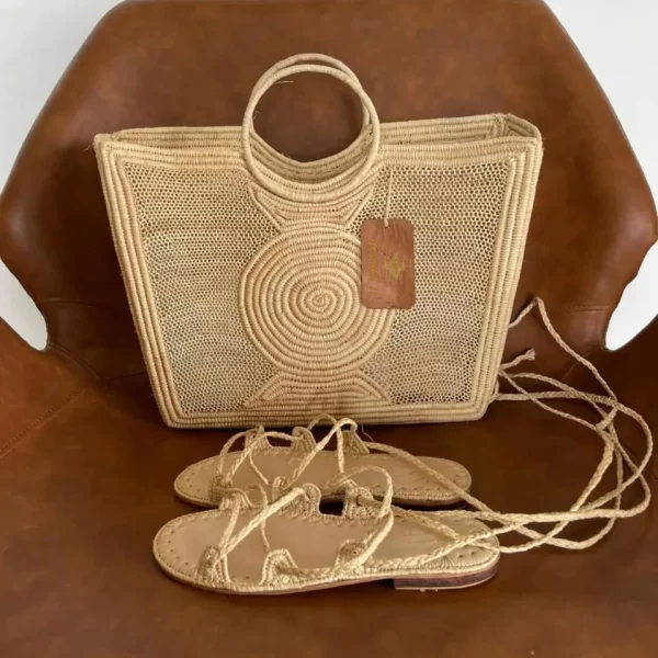 A set of Raphia Goldenrog bag and shoes