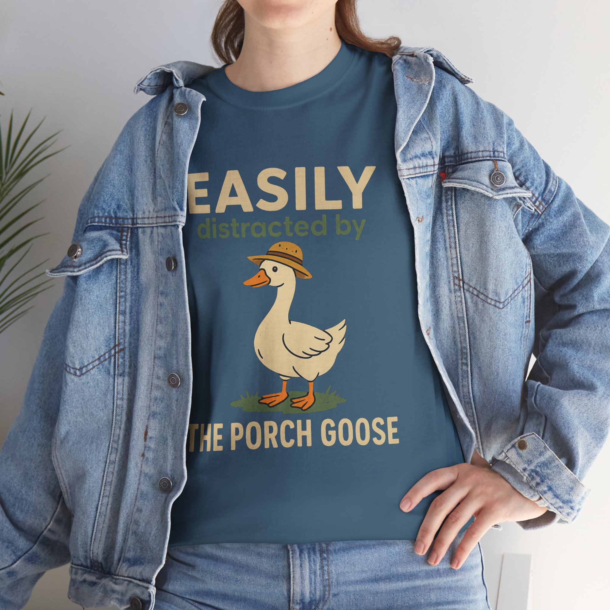 Easily Distracted by the Porch Goose Unisex Heavy Cotton Tee, Funny Animal Shirt, Gift for Goose Lovers, Quirky T-Shirt, Casual Wear