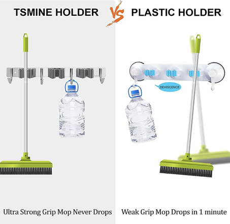 حامل مكنسة وممسحة يثبت على الحائط منظم ستانلس ستيل بـ 3 رفوف و4 خطافات تعليق تخزين شماعات شديد التحمل مناسب للحمام المطبخ والمكتب والخزانة والحديقة رمادي