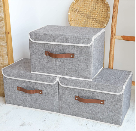 فينيسين صناديق تخزين - اغطية 3 قطع صندوق قابل للطي مقبض لتنظيم الالعاب والملابس والمكتب 38 × 25 سم رمادي البولي بروبلين