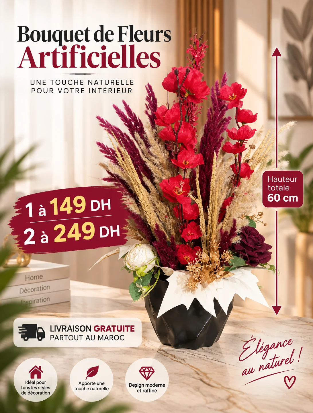 Bouquet de Fleurs Artificielles Décoratif – 60 cm