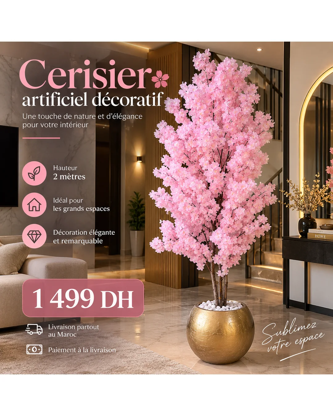 Cerisier artificiel décoratif rose – 2 mètres