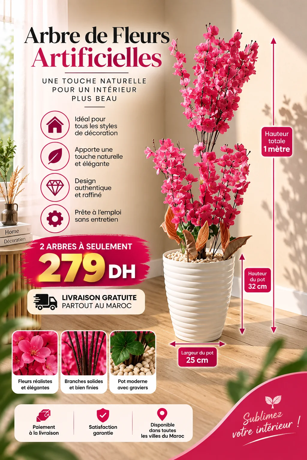 Arbre de Fleurs Artificielles Décoratif – 1 m