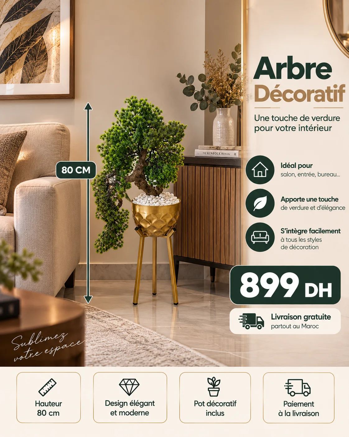 Arbre Décoratif Artificiel 80 cm avec Pot Doré