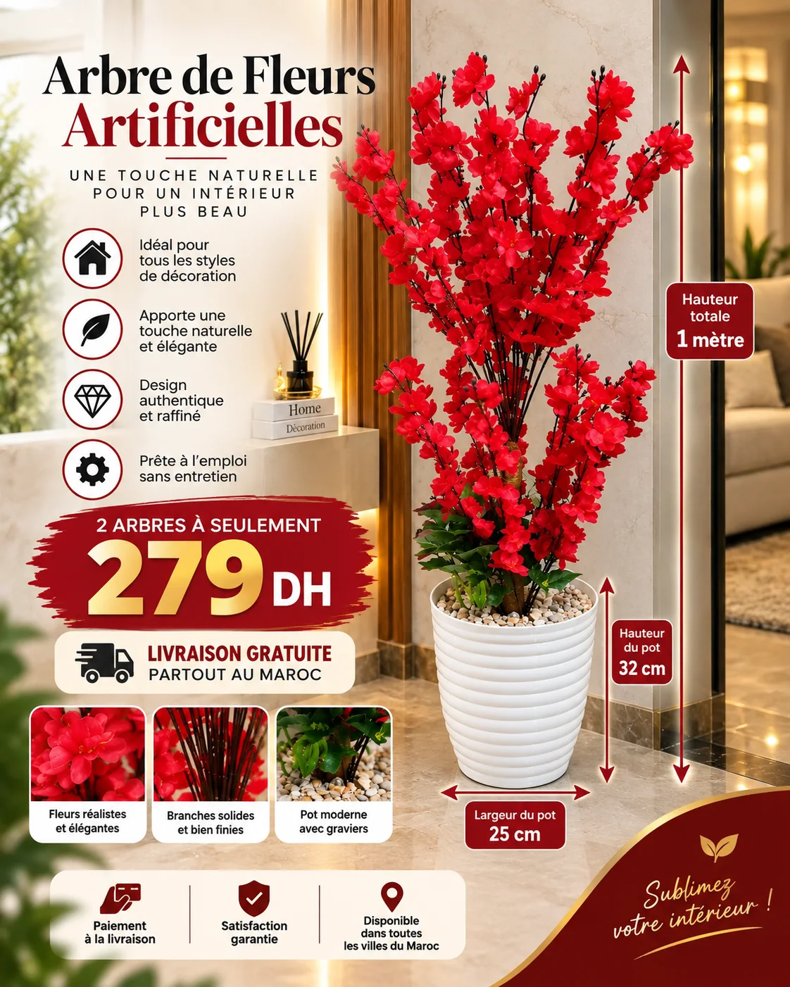 Arbre de Fleurs Artificielles Décoratif – 1 m