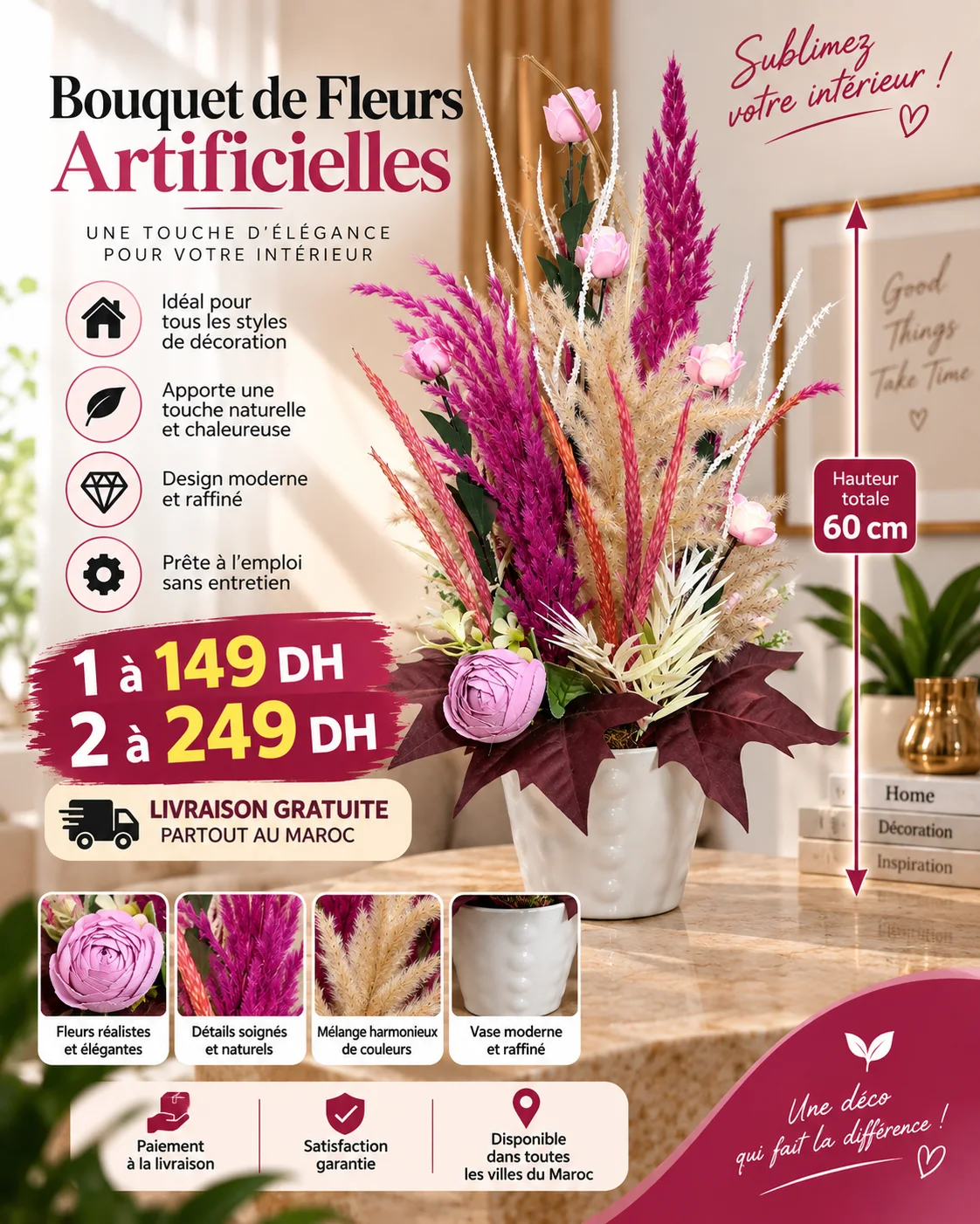 Bouquet de Fleurs Artificielles Décoratif – 60 cm