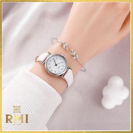 Ensemble de montre-bracelet à quartz pour femme, cadran blanc, cuir simple, luxe, dames
