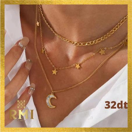 Collier superposé à breloque lune et étoile avec strass