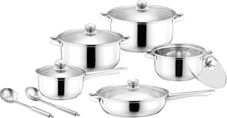 طقم أواني طهي من الفولاذ المقاوم للصدأ مع أغطية زجاجية من برايت هوم، عبوة من 12 قطعة