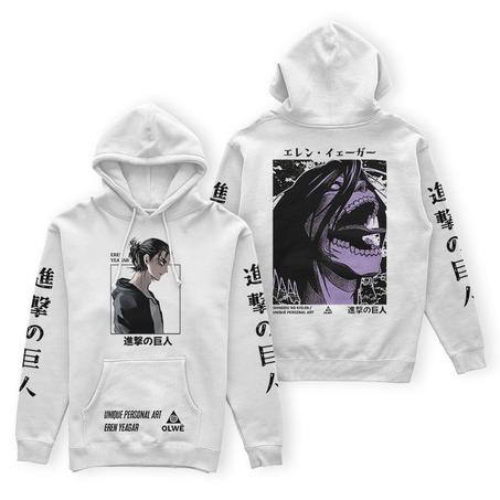 Anime Hoodie (Eren Yeagar01) Blanc/Noir