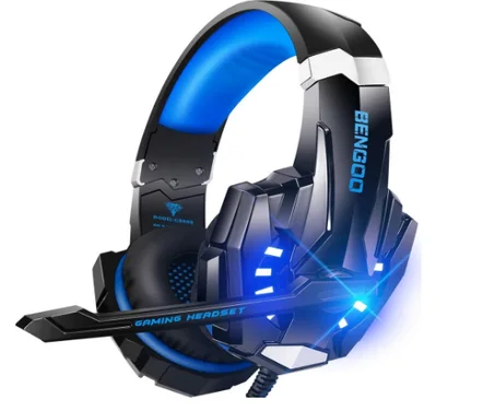 سماعات G9000 ستيريو للألعاب من بينجو، لأجهزة إكس بوكس ون، وبلاي ستيشن 4، والكمبيوتر، وأجهزة التحكم بلاي ستيشن 5، سماعات رأس بخاصية إلغاء الضوضاء مع ميكروفون، ومصابيح LED محاطة بغطاء أذنين إسف