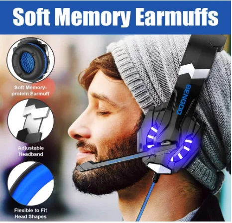 سماعات G9000 ستيريو للألعاب من بينجو، لأجهزة إكس بوكس ون، وبلاي ستيشن 4، والكمبيوتر، وأجهزة التحكم بلاي ستيشن 5، سماعات رأس بخاصية إلغاء الضوضاء مع ميكروفون، ومصابيح LED محاطة بغطاء أذنين إسف