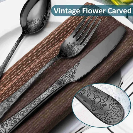 🔥 طقم أدوات مائدة فاخر – 20 قطعة من الفضة السوداء المنحوتة 🔥