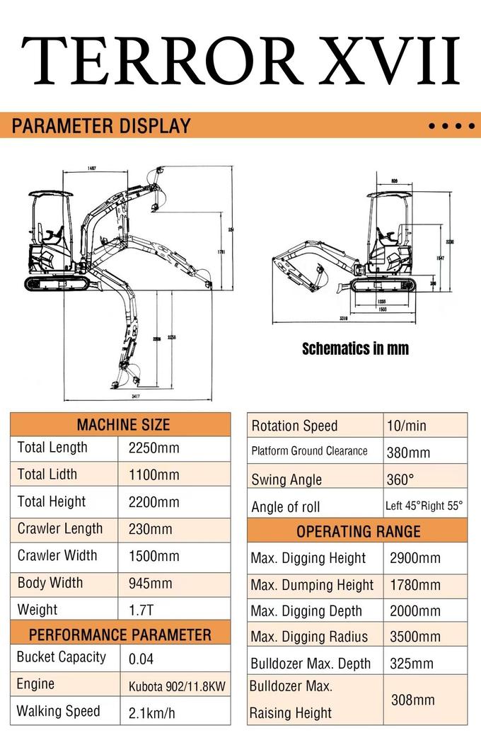 2025 3,800 lb TYPHON TERROR XVII Mini Excavator Rubber Track with Kubota D902 Diesel Engine USA