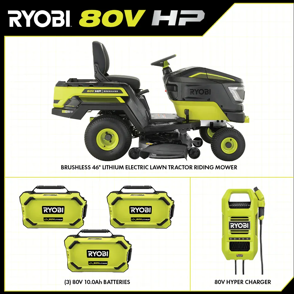 RYOBI 80V HP Brushless 46 in. Battery Electric Cordless Riding Lawn Tractor with (3) 80V 10Ah Batteries and Charger