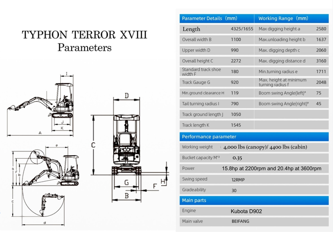 TYPHON TERROR XVIII Prestige 2 Ton Mini Excavator, KUBOTA Diesel Engine USA