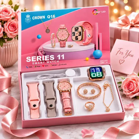 ساعة Crown Q16 Series 11 الذكية – طقم هدايا حريمي 11 قطعة