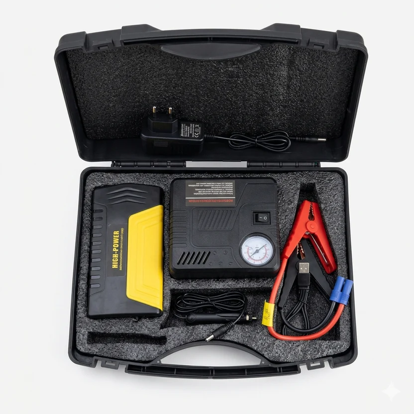 demarreur et Gonfleur du voiture Booster de Batterie avec Compresseur & Power Bank – Jump Starter Multifonction 12V pour Voiture, Moto et SUV