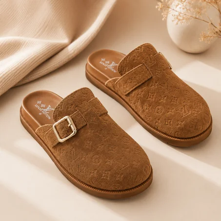 Mules Femme en Suède Camel – Boucle Dorée