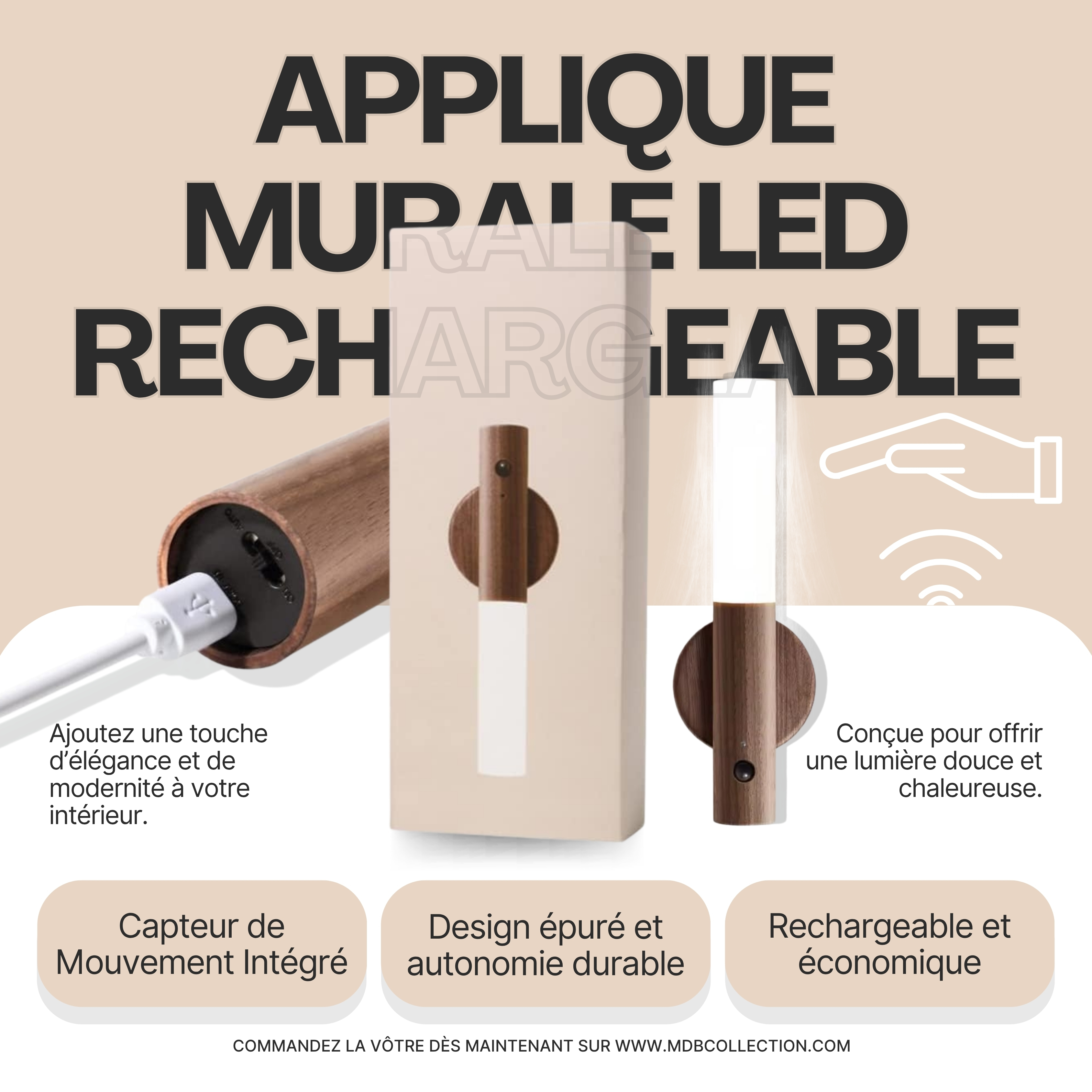 Applique Murale LED Rechargeable avec Détecteur de Mouvement