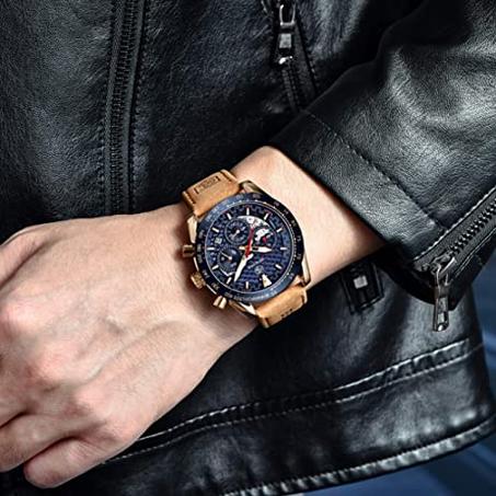 MONTRE Homme Chronographe Quartz Bracelet En Cuir Etanche