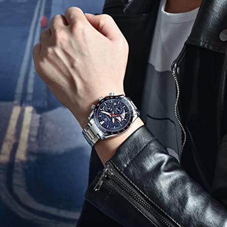 Montre Homme Chronographe Quartz Étanche en Acier Inoxydable – Argeté / Bleu