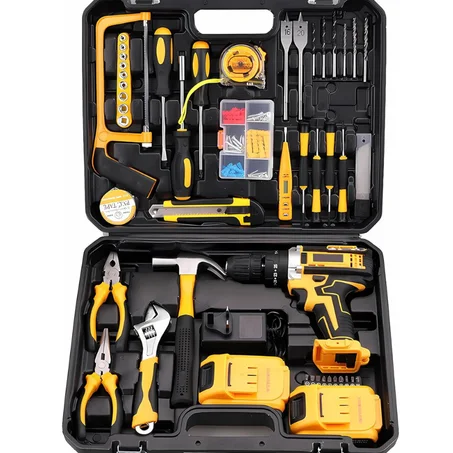 طقم الأدوات المتكامل 128 قطعة مع مثقاب لاسلكي وبطاريتين