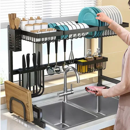 رف تجفيف وتنظيف أطباق المطبخ من الفولاذ المقاوم للصدأ