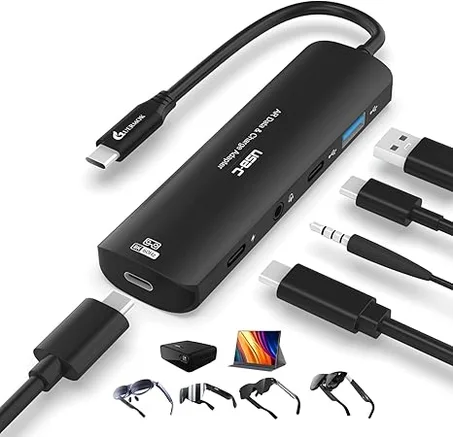 Guermok Adaptador de lentes USB-C a AR 5 en 1, carga rápida PD de 100 W, video de 8K a 60 Hz, puertos USB/USB-C, funciona con dispositivos de lentes AR, consolas de mano, interruptor, teléfon