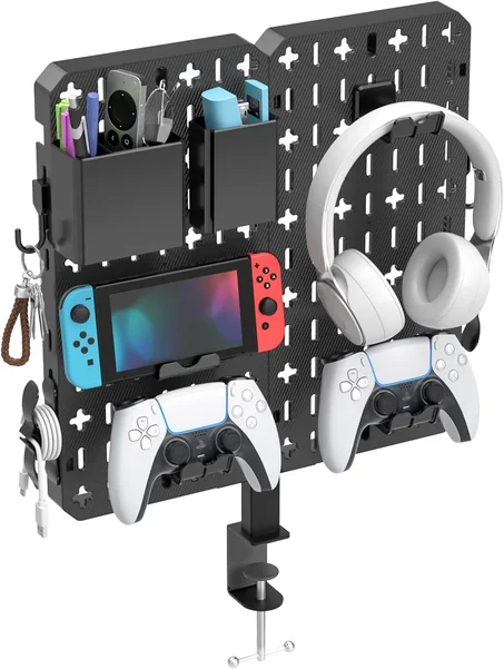 KDD Organizador de escritorio con pinzas de 7 en 1 para tablero perforado - Almacenamiento lateral de escritorio sin taladro con soporte para teléfono/porta bolígrafos/caja de almacenamiento/