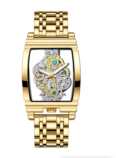 ساعة كوارتز مجوفة بهيكل عظمي للرجال ، ساعة ستيمبونك فاخرة ، ذهب  ، فولاذ مقاوم للصدأ ، ساعة رجالية شفافة