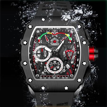 ساعة رياضية فاخرة للرجال - كرونوغراف هيكل عظمي اسود، حركة كوارتز انالوج، سوار ستانلس ستيل مقاوم للماء، مينا مضيئة