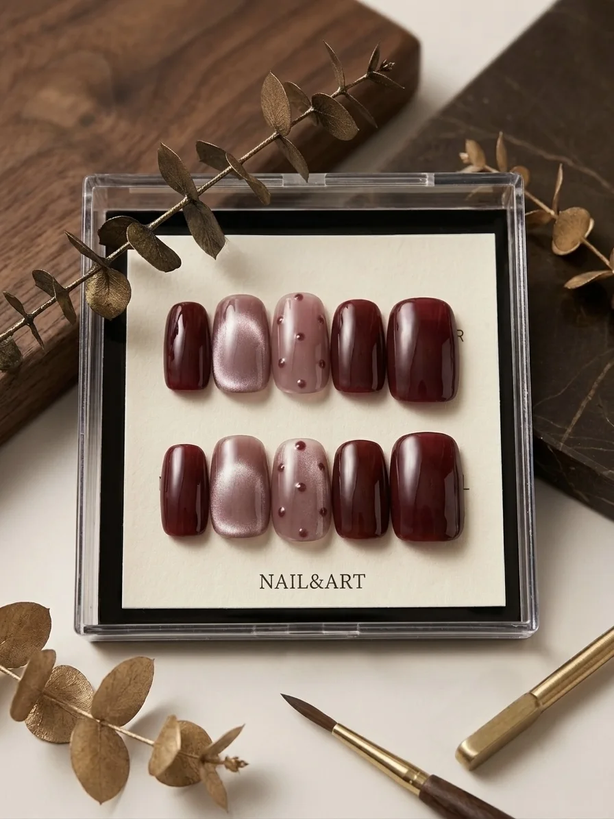 Press-on Handcrafted Gelly Nails Burgundy & Gold Aura